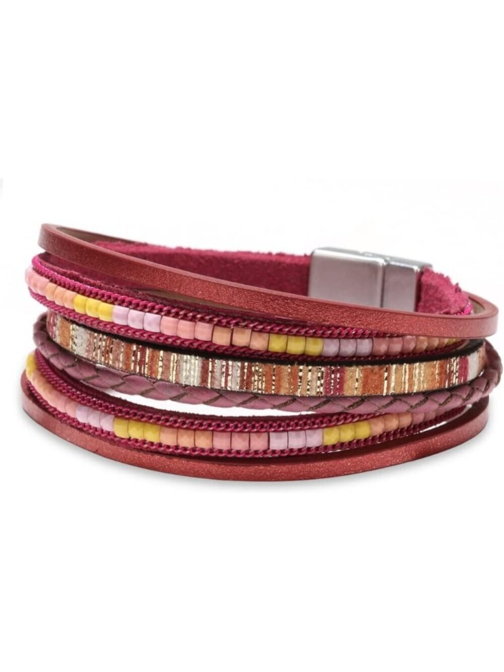 Women's Red Boho Leopard Multi-layer Crystal Beads Cuff Leather Wrap Bracelets